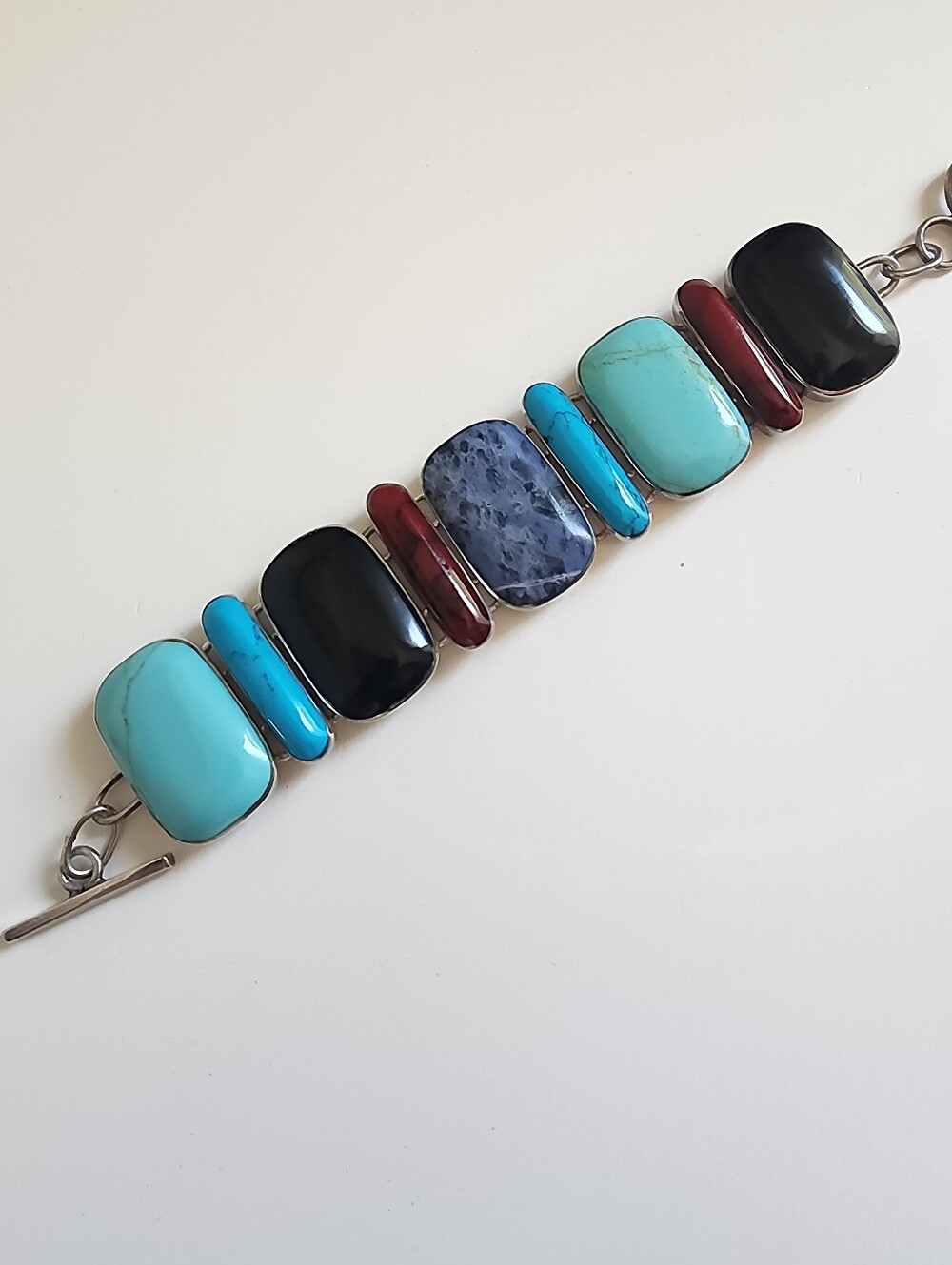 Vintage 80s Taxco Mexico 950 Silver Multi Stone Inlay Panel Bracelet 8"